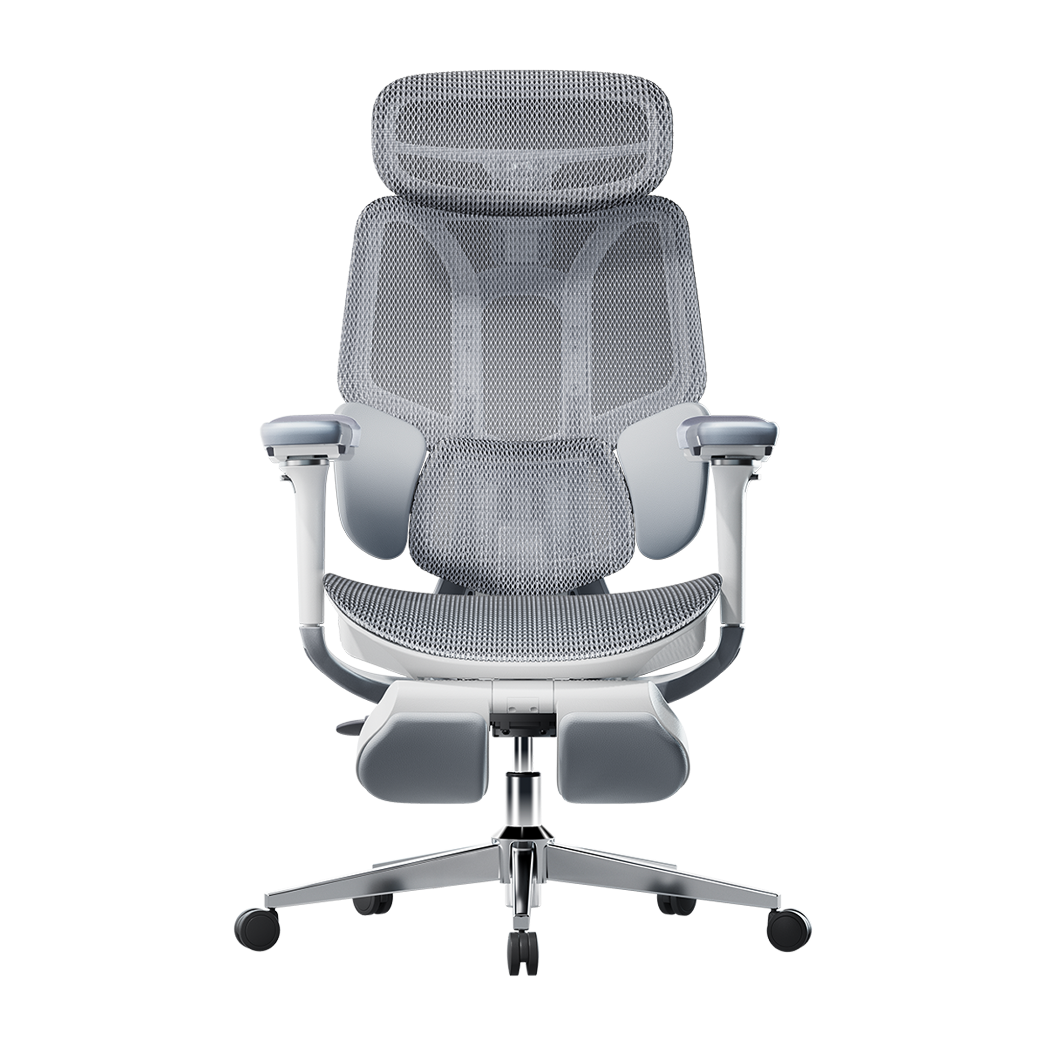 HBADA E3 Pro big and tall ergonomic chair with footrest and 150kg weight capacity in white.~0-0