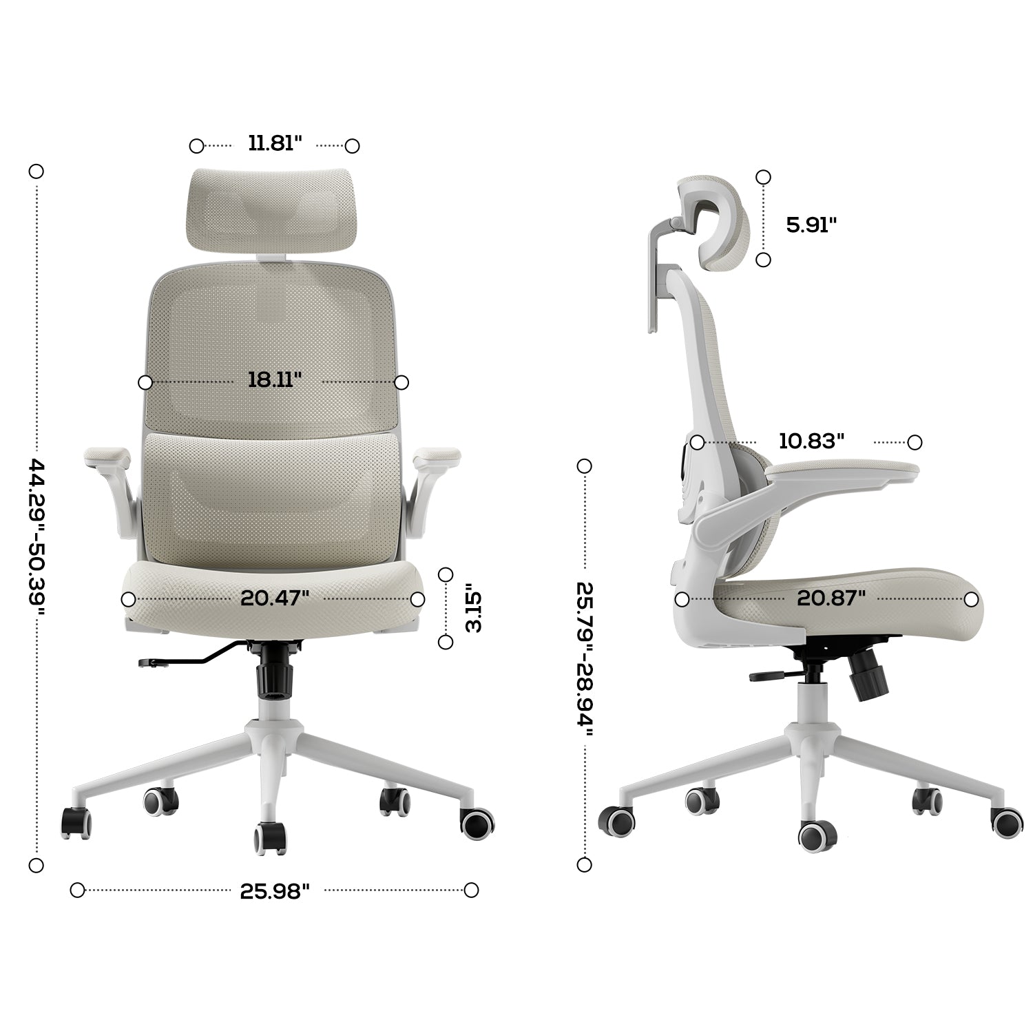 HBADA P1 Ergonomic Office Chair white dimensions