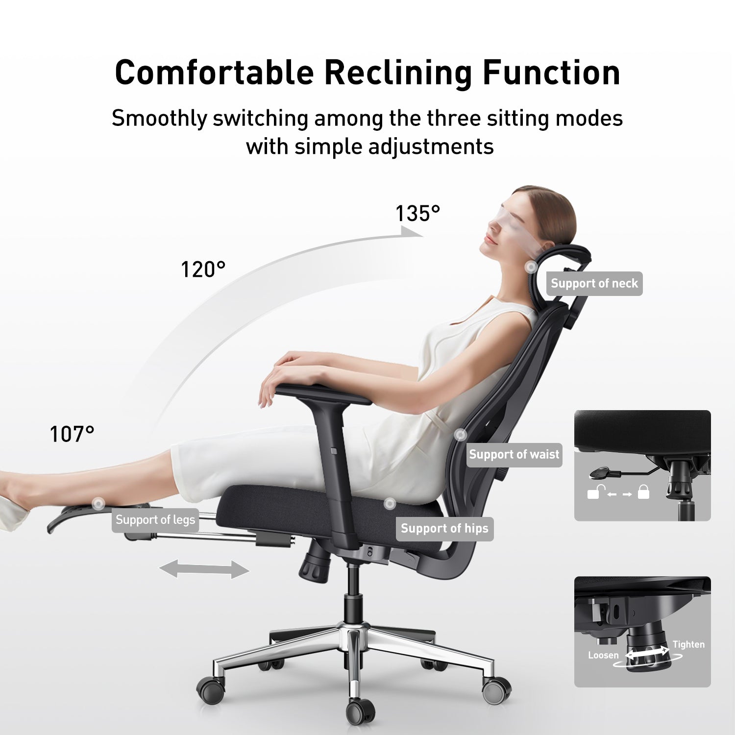 HBADA P5 Ergonomic Office Chair with Footrest black recining function
