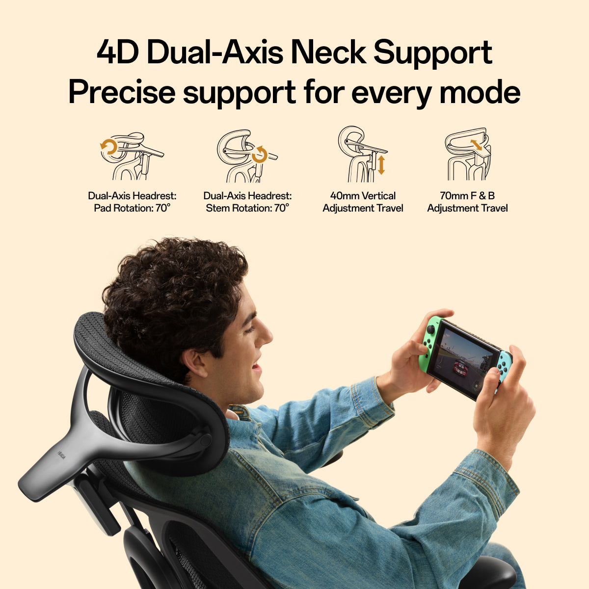 A man reclining in a black 4D dual-axis neck support office chair and holding a Nintendo Switch, with text and line icons explaining headrest and back adjustment features on a beige background.~scene