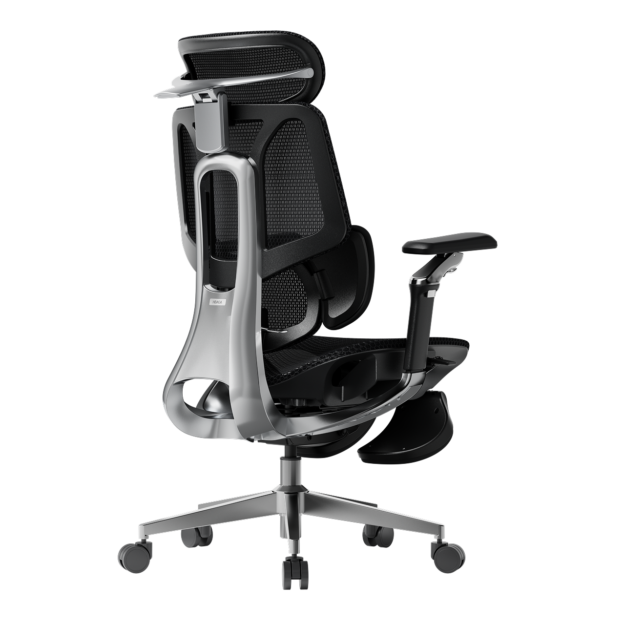 Technical detail of HBADA E3 Pro black chair: 720-degree rotating armrests and breathable CloudMesh.~1-0