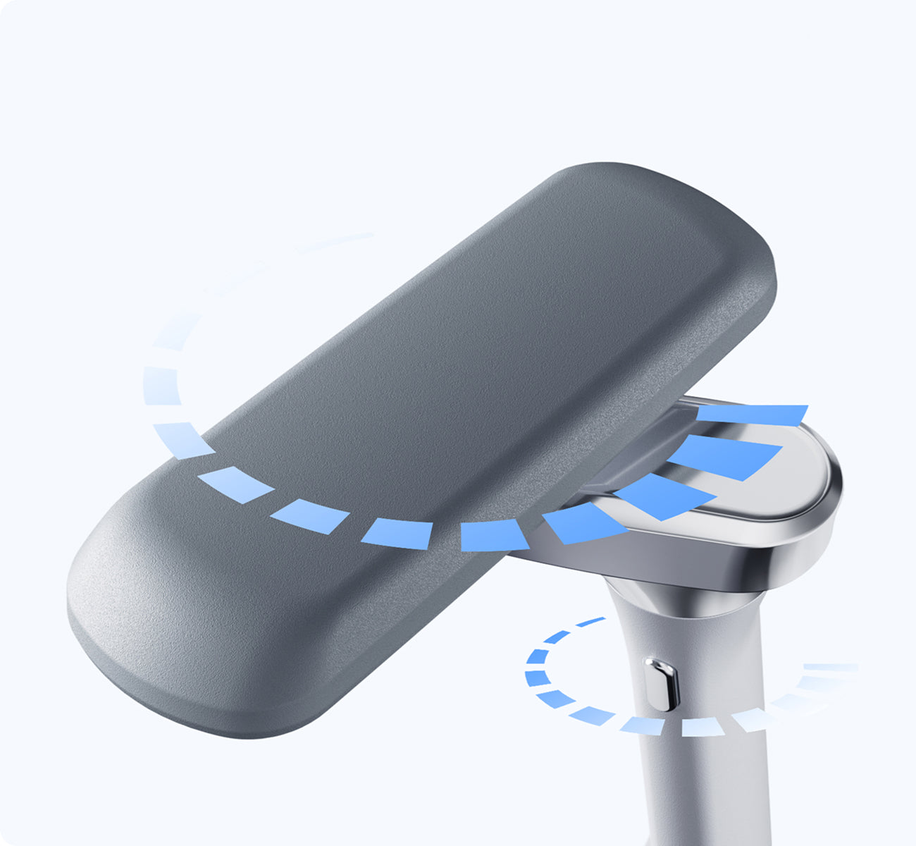 Close-up of a gray HBADA ergonomic chair armrest showing multi-directional adjustment