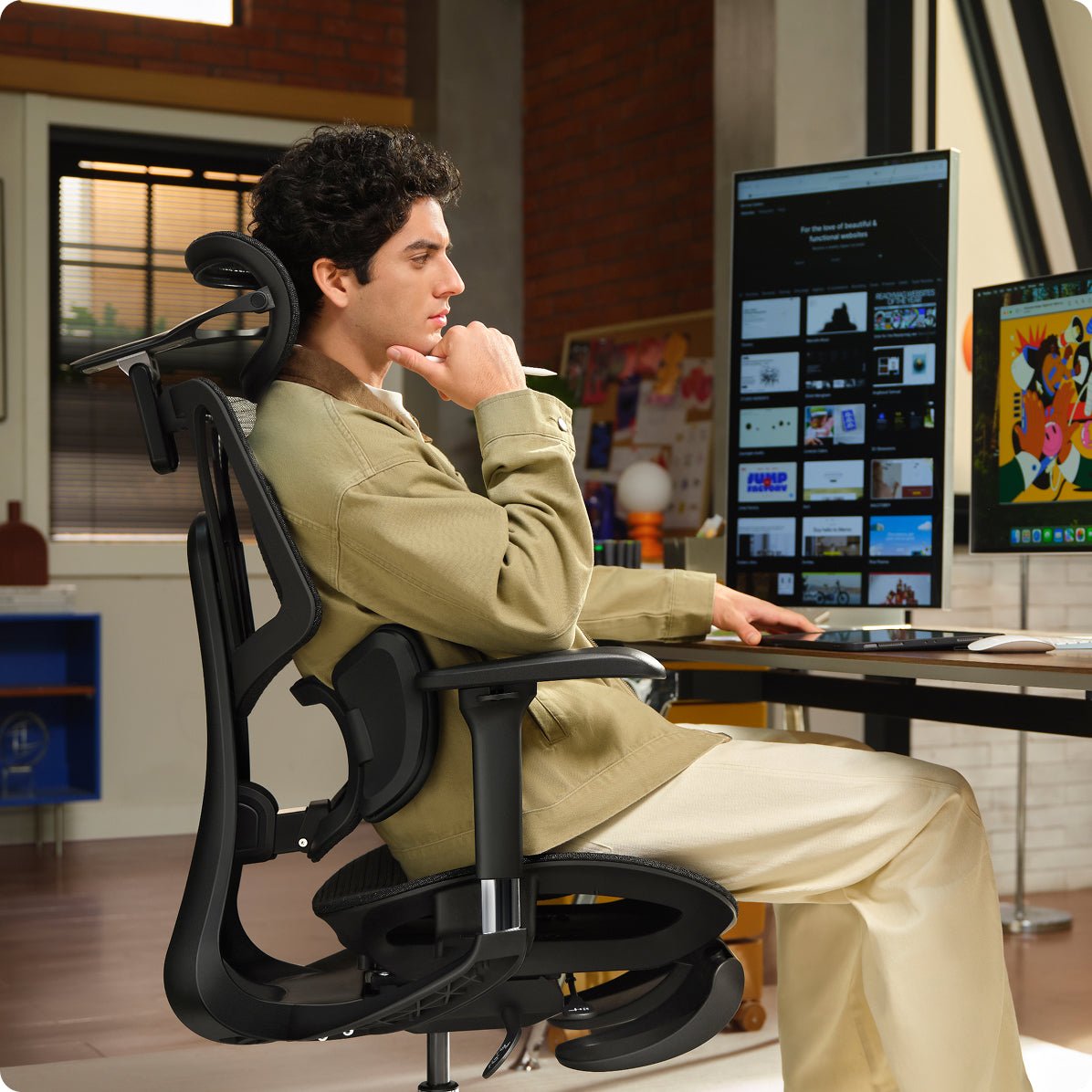 Man sitting on a black ergonomic chair in an e3 air ergonomic chair ~scene