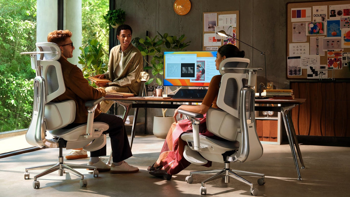 Modern European home office setup featuring the HBADA X7 flagship AI-powered ergonomic office chair.~scene