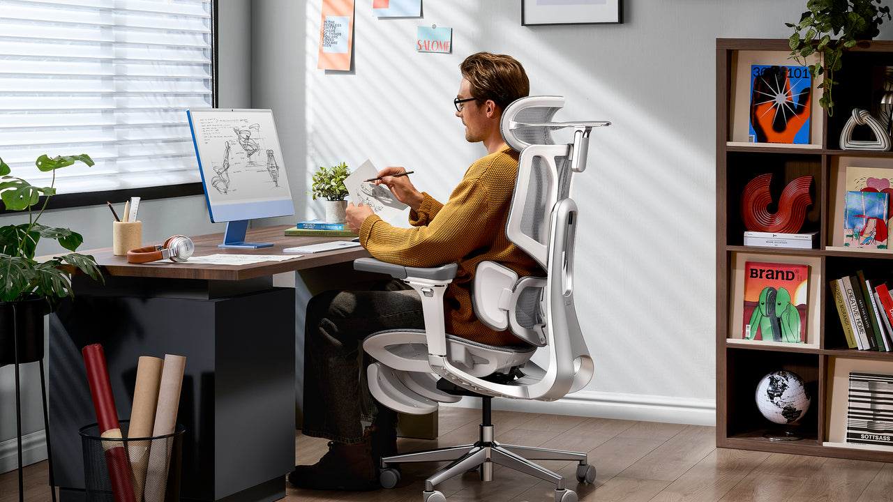 Modern home office setup featuring a big and tall ergonomic office chair by HBADA.~scene
