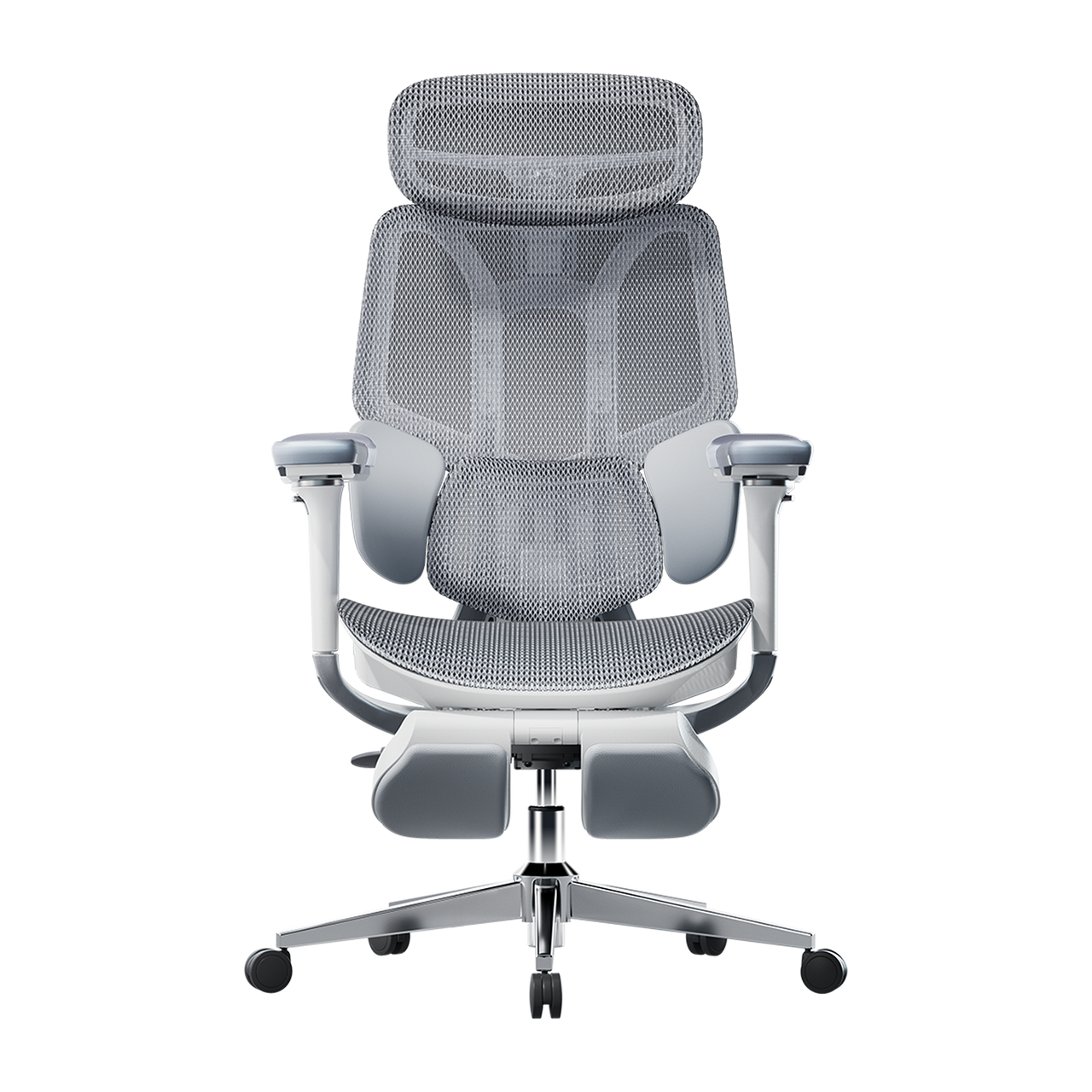 HBADA E3 Pro big and tall ergonomic chair with footrest and 150kg weight capacity in white.~0-0