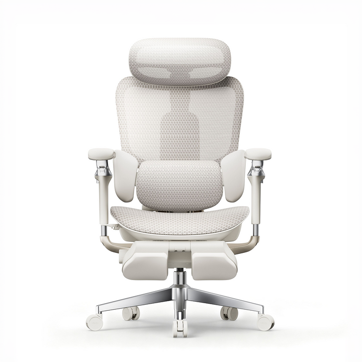 Front view of the light-coloured HBADA E3 Ultra ergonomic office chair with headrest and lumbar support