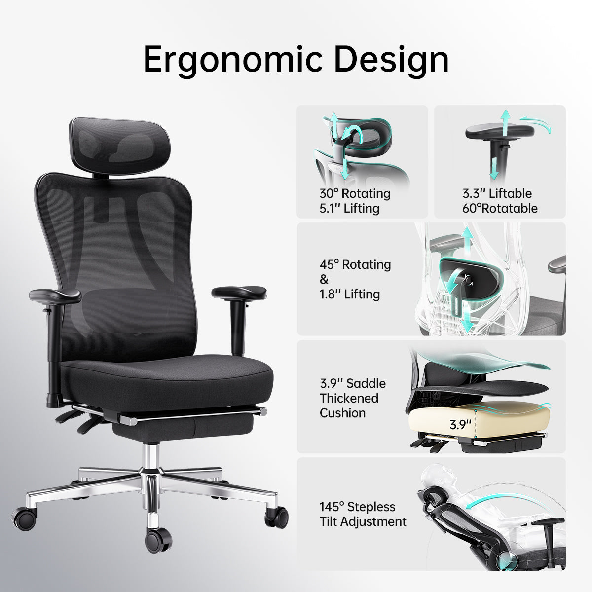Chaise ergonomique HBADA P3 avec repose-pieds