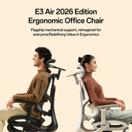Two people seated side by side on ergonomic office chairs against a beige background, with text at the top reading 'E3 Air 2026 Edition Ergonomic Office Chair' and a tagline about mechanical support and ergonomics.~scene