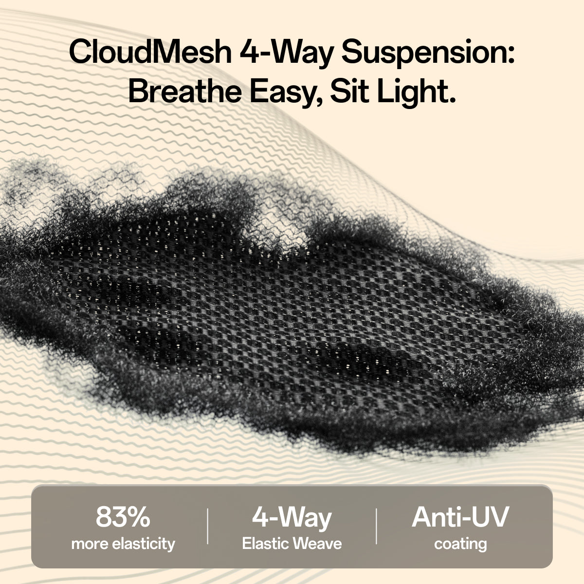 Promotional graphic for CloudMesh 4-Way Suspension, showing a black mesh fabric swatch with a honeycomb pattern on a beige background with text overlays highlighting its elasticity, elastic weave, and anti-UV coating.~scene
