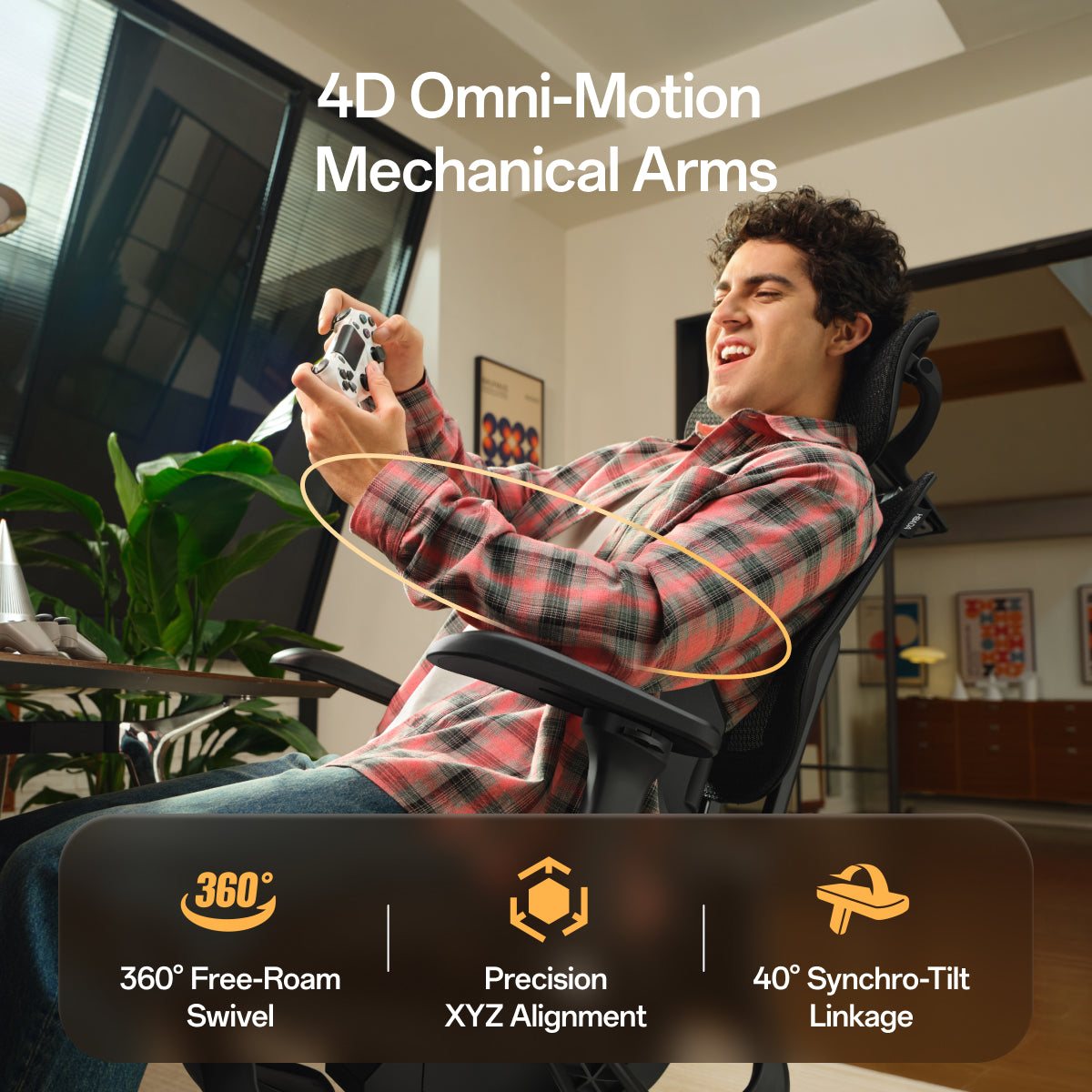 A man reclining in a black office chair with the text '4D Omni-Motion Mechanical Arms' and feature callouts overlaid on the image.~scene