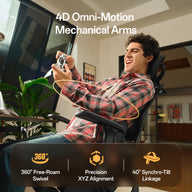 A man reclining in a black office chair with the text '4D Omni-Motion Mechanical Arms' and feature callouts overlaid on the image.~scene
