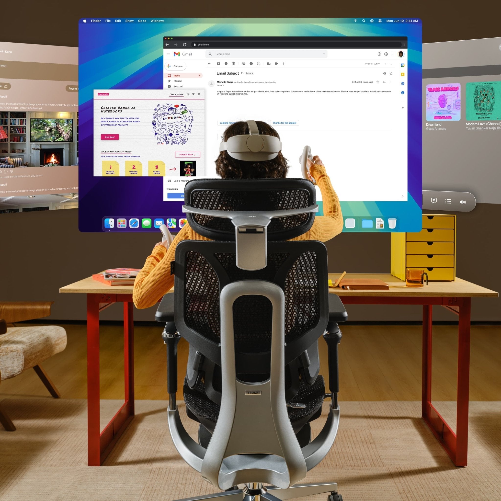 Person using a virtual reality headset in a home office setting with multiple monitors~scene