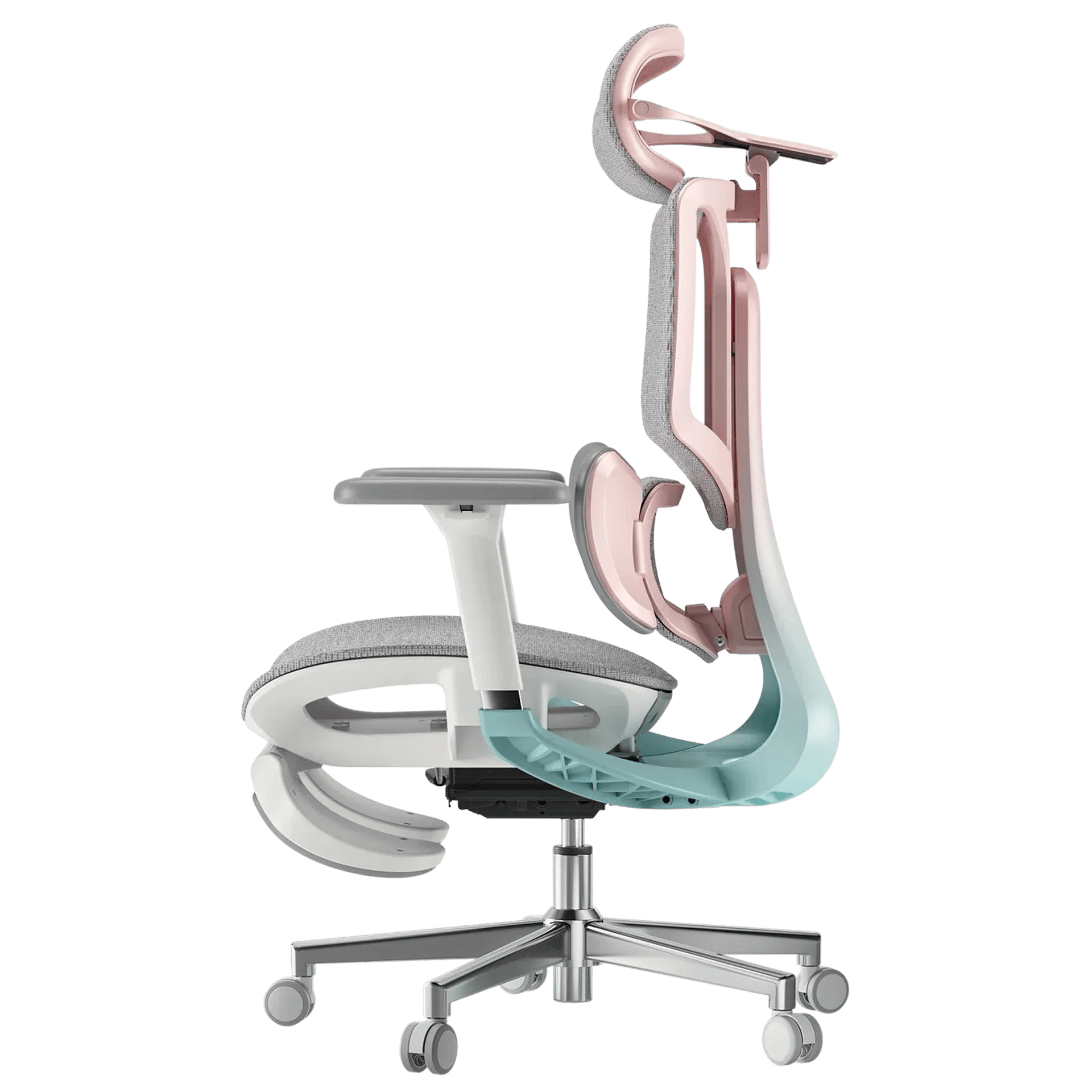 Modern office chair with a transparent design on a green background-pink