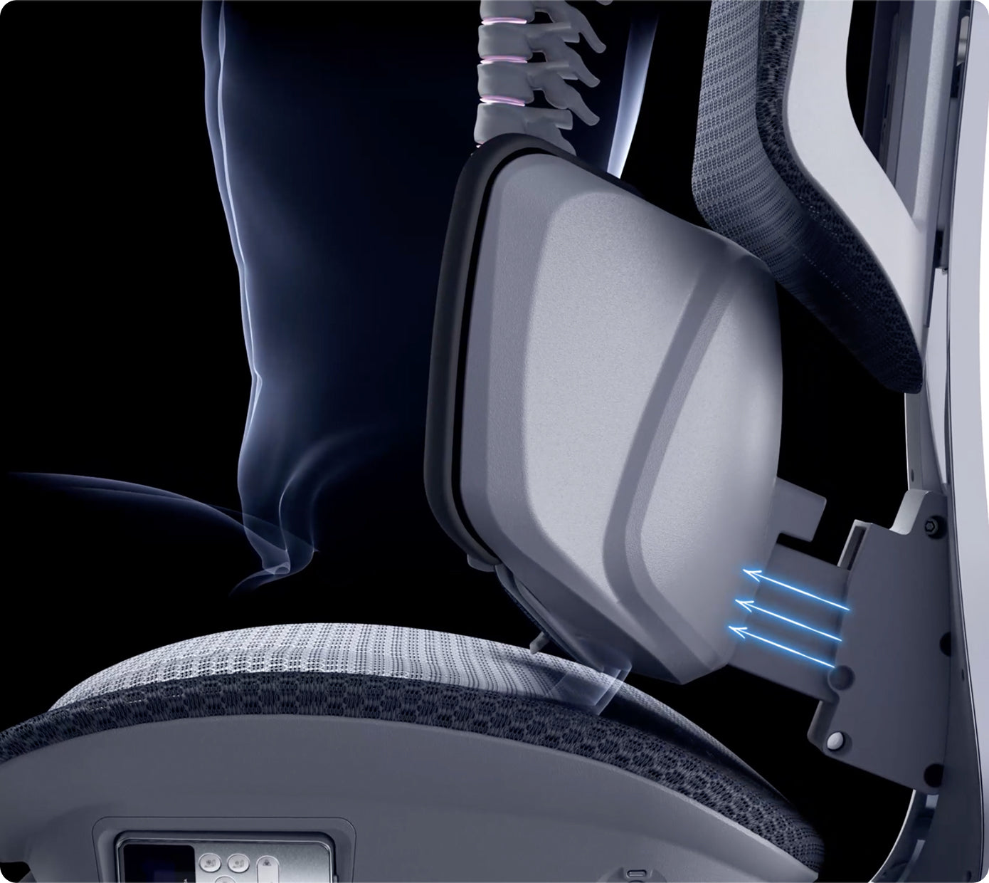 Close-up of HBADA ergonomic chair lumbar support adapting to the lower back