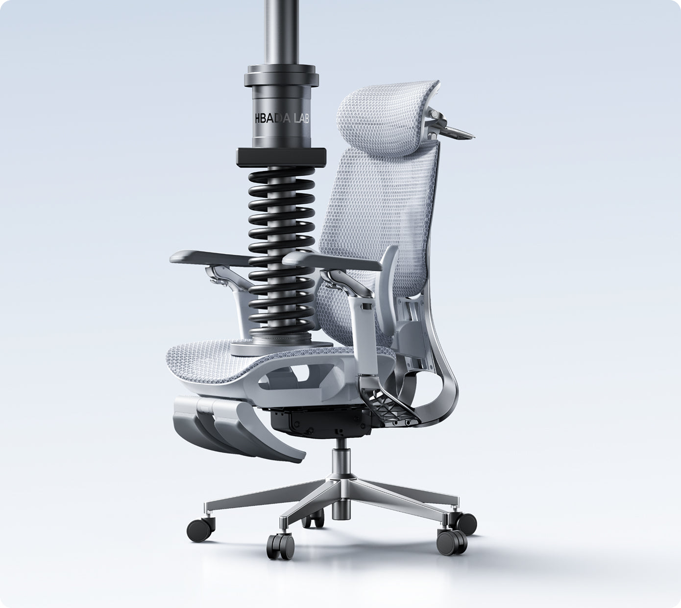 White HBADA ergonomic office chair with mesh back and spring-loaded seat support mechanism