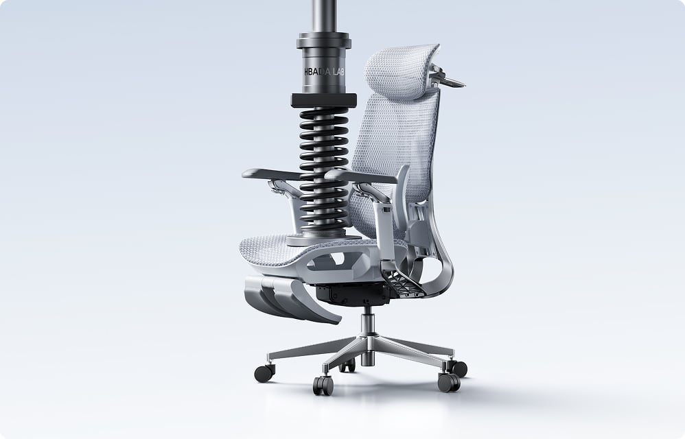 White HBADA ergonomic office chair with mesh back, footrest and spring-loaded suspension support