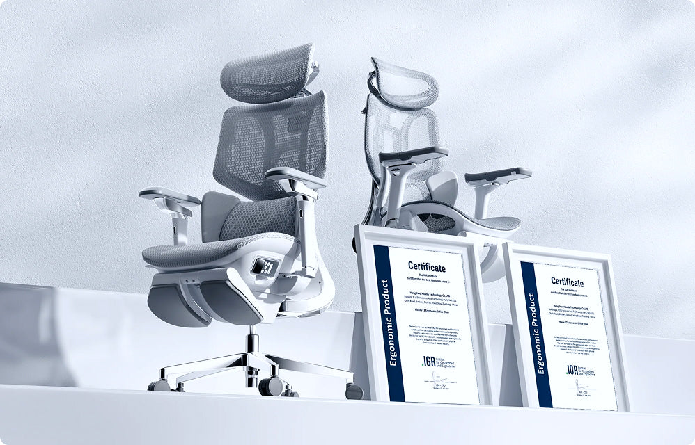 Two gray and white ergonomic office chairs displayed with framed IGR ergonomics certification documents