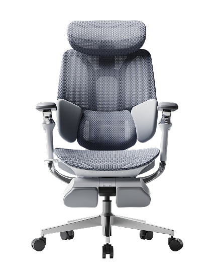 Gray ergonomic office chair with adjustable headrest, split lumbar support, armrests and silver wheeled base, front view