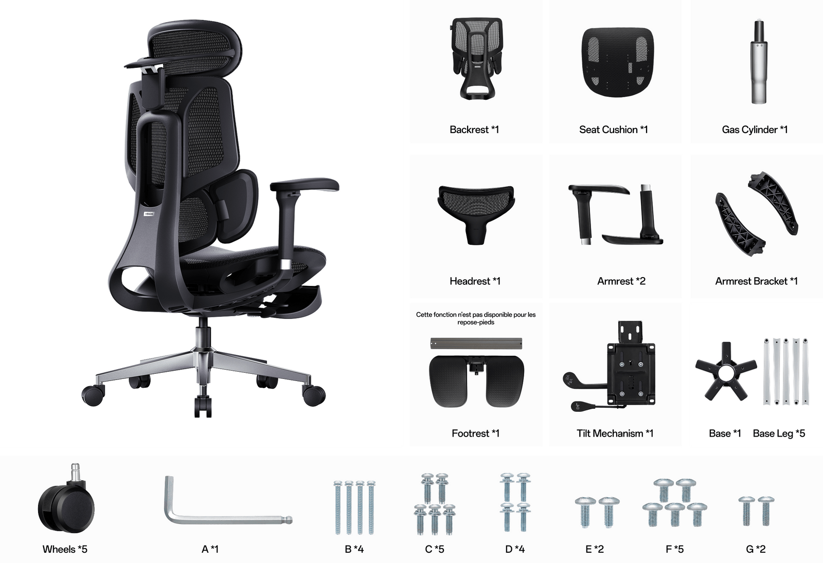 Black office chair with exploded view showing assembly parts on a white background