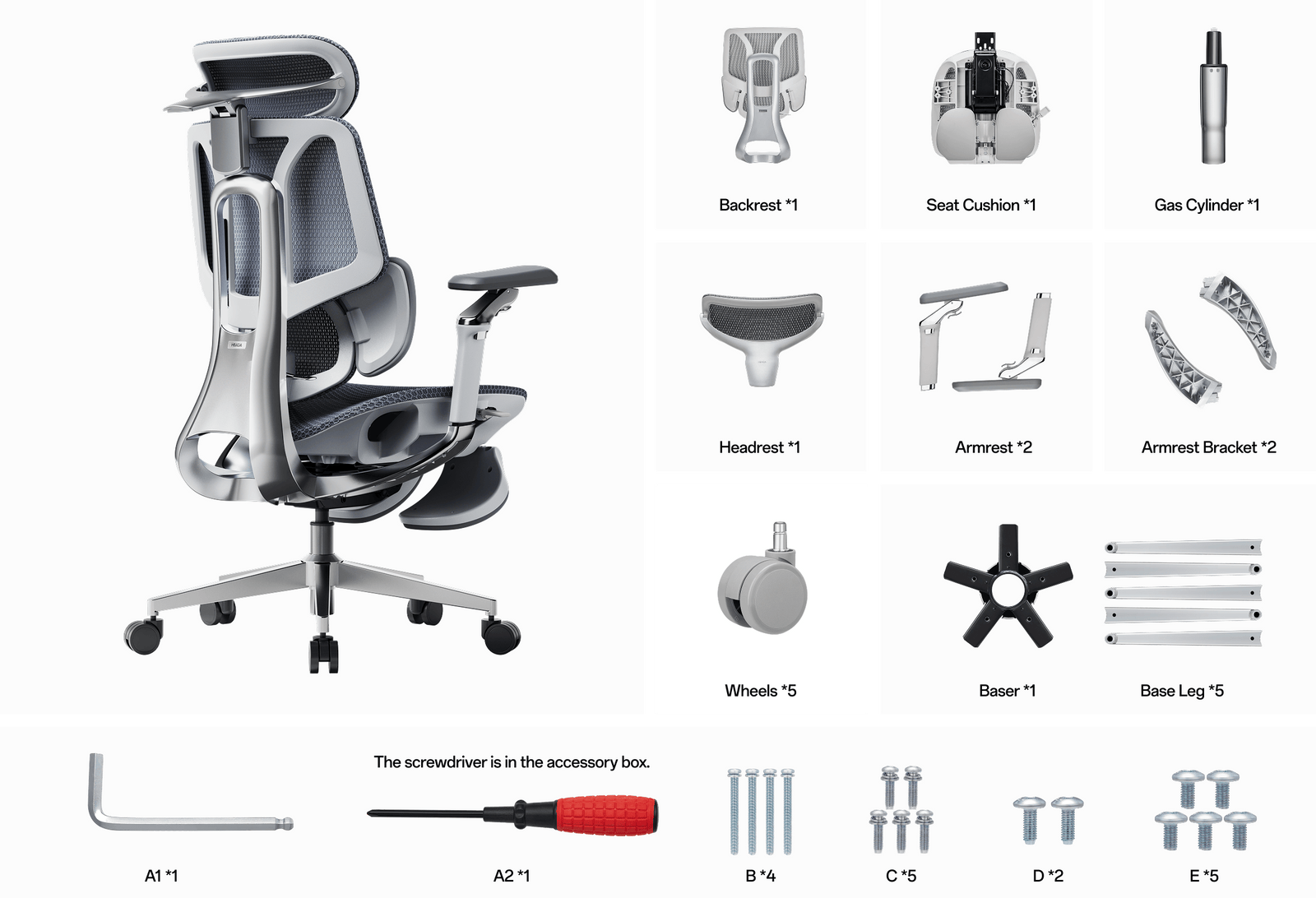 Ergonomic chair with exploded view showing assembly parts and tools.