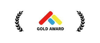 Gold Award logo with colorful design and laurel leaves on a white background