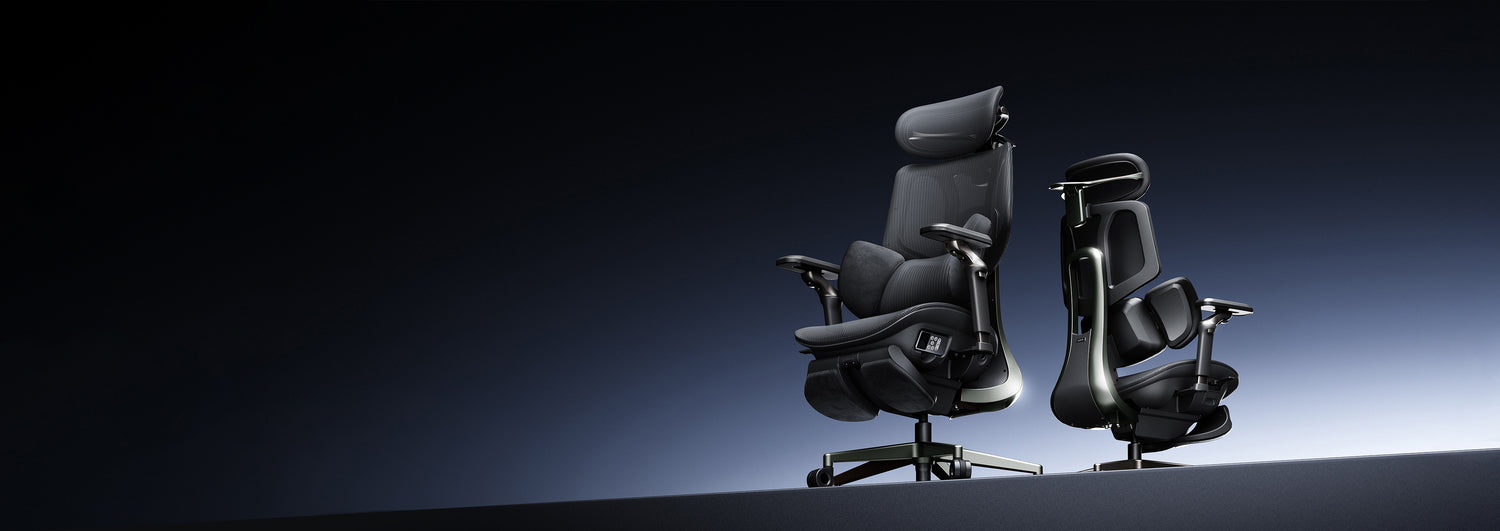 Front and rear views of two black HBADA X7 ergonomic office chairs on a dark gradient background